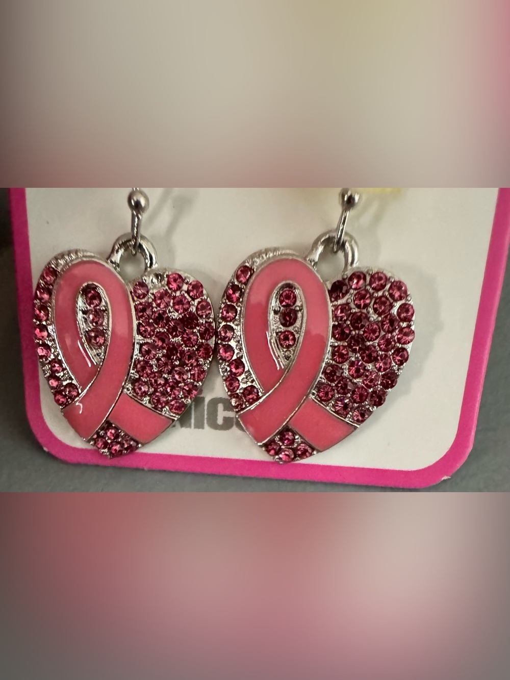 Pink Ribbon Heart crystal Earrings - breast cancer Support Awareness Jewelry